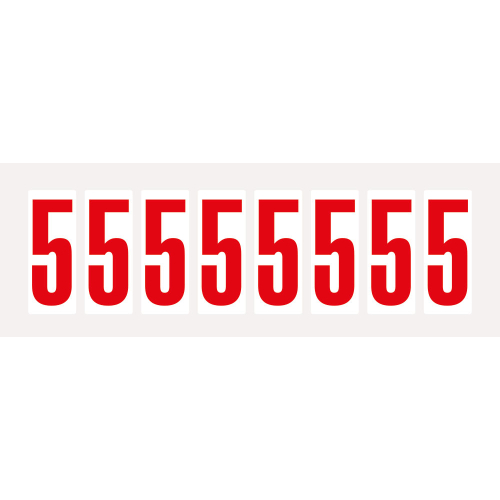 Ziffer 5, Schrifthöhe 50 mm, weiß-rot, Folie selbstklebend, 22 x 57 mm, 160 St./Verpackungseinheit Ziffer 5, Schrifthöhe 50 mm, weiß-rot, Folie selbstklebend, 22 x 57 mm, 160 St./Verpackungseinheit