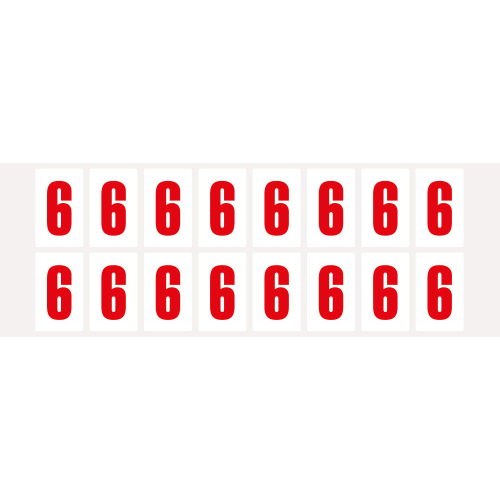 Ziffer 6, Schrifthöhe 25 mm, weiß-rot, Folie selbstklebend, 22 x 36 mm, 320 St./Verpackungseinheit Ziffer 6, Schrifthöhe 25 mm, weiß-rot, Folie selbstklebend, 22 x 36 mm, 320 St./Verpackungseinheit