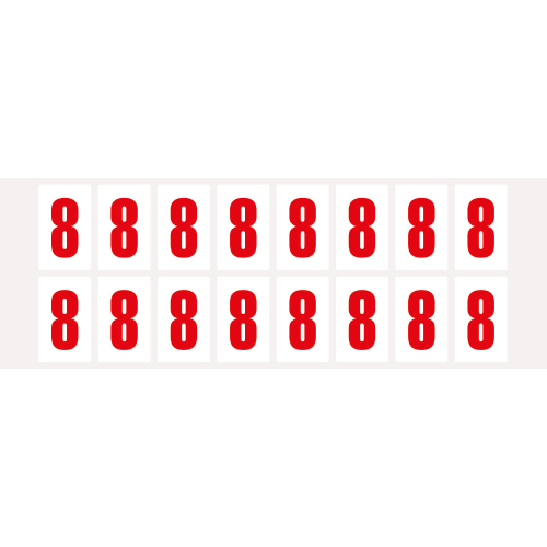 Ziffer 8, Schrifthöhe 25 mm, weiß-rot, Folie selbstklebend, 22 x 36 mm, 320 St./Verpackungseinheit Ziffer 8, Schrifthöhe 25 mm, weiß-rot, Folie selbstklebend, 22 x 36 mm, 320 St./Verpackungseinheit