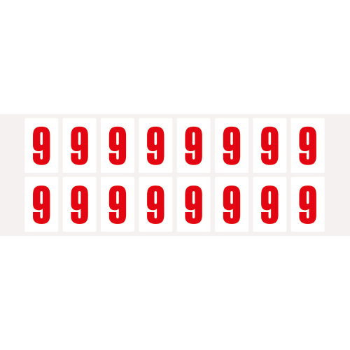 Ziffer 9, Schrifthöhe 25 mm, weiß-rot, Folie selbstklebend, 22 x 36 mm, 320 St./Verpackungseinheit Ziffer 9, Schrifthöhe 25 mm, weiß-rot, Folie selbstklebend, 22 x 36 mm, 320 St./Verpackungseinheit