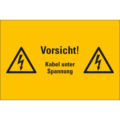 Warnschild: Vorsicht! Kabel unter Spannung, zwei Blitzpfeile, Folie oder Kunststoff