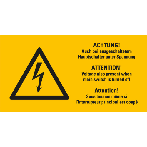 Kombi-Warnschild: Achtung! Auch bei ausgeschaltetem Hauptschalter unter Spannung, dreisprachig, Blitzpfeil, Rechteck, gelb-schwarz 