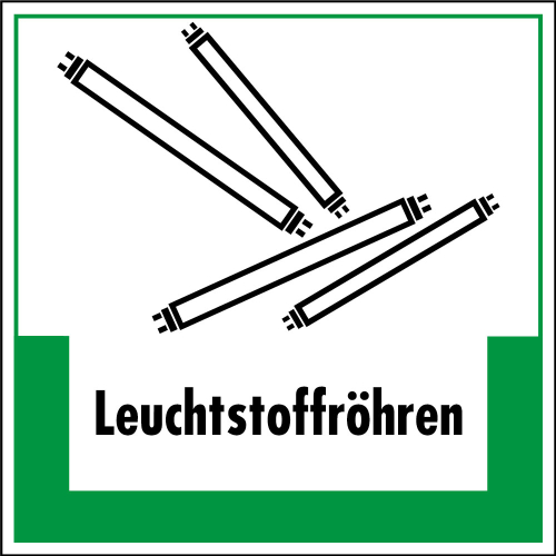 Abfallkennzeichen: Leuchtstoffröhren, Symbol und Text, weiß-grün, Folie selbstklebend oder Kunststoff, 200 x 200 mm