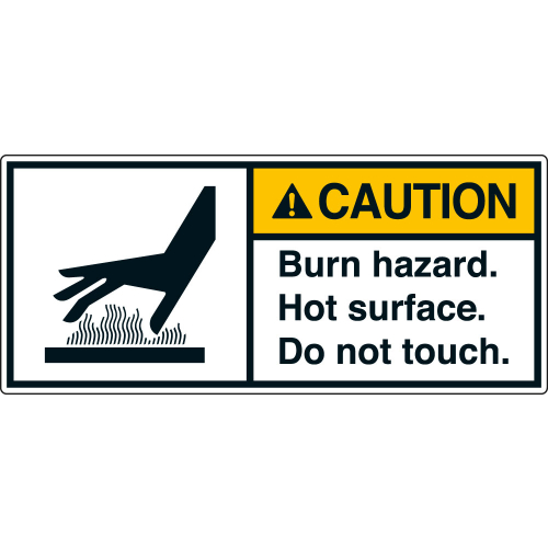 ANSI-Aufkleber: CAUTION Burn hazard. Hot surface. Do not touch. ANSI-Aufkleber: CAUTION Burn hazard. Hot surface. Do not touch.