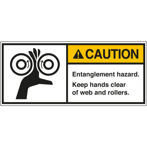 ANSI-Aufkleber: CAUTION Entanglement hazard. Keep hands clear of web and rollers. ANSI-Aufkleber: CAUTION Entanglement hazard. Keep hands clear of web and rollers.