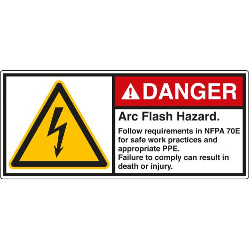ANSI-Aufkleber: DANGER Arc Flash Hazard. Follow requirements in NFPA 70E for safe work practices and appropriate PPE. Failure to comply can result in death or injury. ANSI-Aufkleber: DANGER Arc Flash Hazard. Follow requirements in NFPA 70E for safe work practices and appropriate PPE. Failure to comply can result in death or injury.