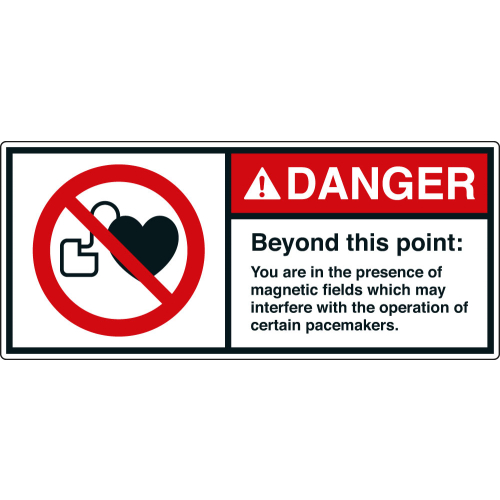 ANSI-Aufkleber: DANGER Beyond this point: You are in the presence of magnetic fields which may interfere with the operating of certain pacemakers. ANSI-Aufkleber: DANGER Beyond this point: You are in the presence of magnetic fields which may interfere with the operating of certain pacemakers.