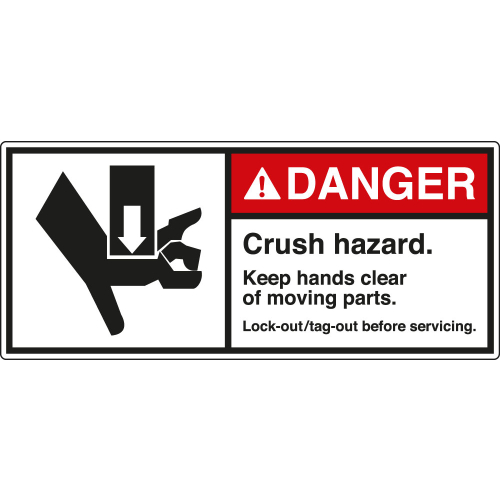 ANSI-Aufkleber: DANGER Crush hazard. Keep hands clear of moving parts. Lock-out/tag-out before servicing. ANSI-Aufkleber: DANGER Crush hazard. Keep hands clear of moving parts. Lock-out/tag-out before servicing.