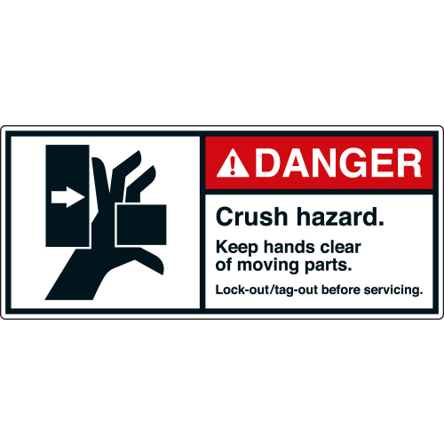 ANSI-Aufkleber: DANGER Crush hazard. Keep hands clear of moving parts. Lock-out/tag-out before servicing. ANSI-Aufkleber: DANGER Crush hazard. Keep hands clear of moving parts. Lock-out/tag-out before servicing.