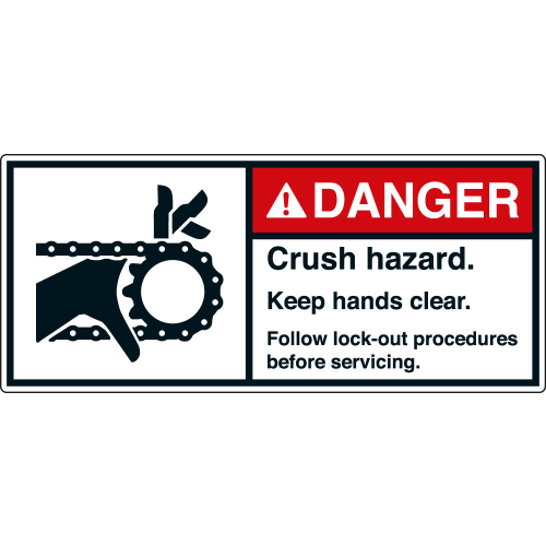 ANSI-Aufkleber: DANGER Crush hazard. Keep hands clear. Follow lock-out procedures before servicing. ANSI-Aufkleber: DANGER Crush hazard. Keep hands clear. Follow lock-out procedures before servicing.