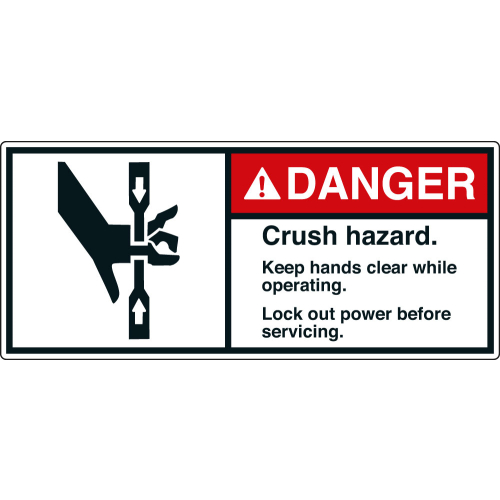 ANSI-Aufkleber: DANGER Crush hazard. Keep hands clear while operating. Lock out power before servicing. ANSI-Aufkleber: DANGER Crush hazard. Keep hands clear while operating. Lock out power before servicing.