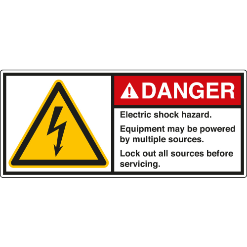 ANSI-Aufkleber: DANGER Electric shock hazard. Equipment may be powered by multiple sources. Lock out all sources before servicing. ANSI-Aufkleber: DANGER Electric shock hazard. Equipment may be powered by multiple sources. Lock out all sources before servicing.