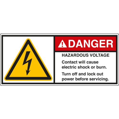 ANSI-Aufkleber: DANGER HAZARDOUS VOLTAGE Contact will cause electric shock or burn. Turn off and lock out power before servicing. ANSI-Aufkleber: DANGER HAZARDOUS VOLTAGE Contact will cause electric shock or burn. Turn off and lock out power before servicing.