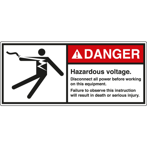 ANSI-Aufkleber: DANGER Hazardous voltage. Disconnect all power before working on this equipment. Failure to observe this instruction will result in death or serious injury. ANSI-Aufkleber: DANGER Hazardous voltage. Disconnect all power before working on this equipment. Failure to observe this instruction will result in death or serious injury.