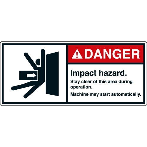 ANSI-Aufkleber: DANGER Impact hazard. Stay clear of this area during operation. Machine may start automatically. ANSI-Aufkleber: DANGER Impact hazard. Stay clear of this area during operation. Machine may start automatically.