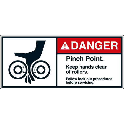 ANSI-Aufkleber: DANGER Pinch Point. Keep hands clear of rollers. Follow lock-out procedures before servicing. ANSI-Aufkleber: DANGER Pinch Point. Keep hands clear of rollers. Follow lock-out procedures before servicing.