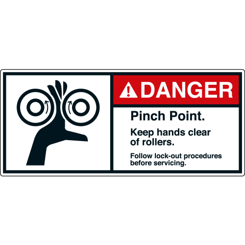 ANSI-Aufkleber: DANGER Pinch Point. Keep hands clear of rollers. Follow lock-out procedures before servicing. ANSI-Aufkleber: DANGER Pinch Point. Keep hands clear of rollers. Follow lock-out procedures before servicing.