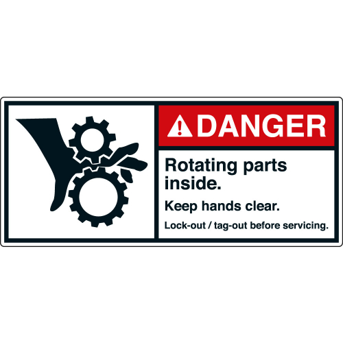 ANSI-Aufkleber: DANGER Rotating parts inside. Keep hands clear. Lock-out/tag-out before servicing. ANSI-Aufkleber: DANGER Rotating parts inside. Keep hands clear. Lock-out/tag-out before servicing.