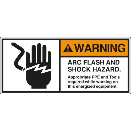 ANSI-Aufkleber: WARNING ARC FLASH AND SHOCK HAZARD. Appropriate PPE and Tools required while working on this energized equipment. ANSI-Aufkleber: WARNING ARC FLASH AND SHOCK HAZARD. Appropriate PPE and Tools required while working on this energized equipment.