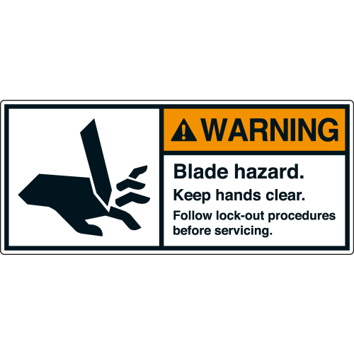 ANSI-Aufkleber: WARNING Blade hazard. Keep hands clear. Follow lock-out procedures before servicing. ANSI-Aufkleber: WARNING Blade hazard. Keep hands clear. Follow lock-out procedures before servicing.