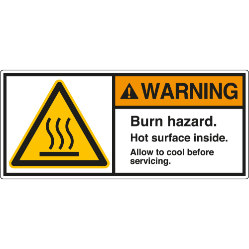 ANSI-Aufkleber: WARNING Burn hazard. Hot surface inside. Allow to cool before servicing. ANSI-Aufkleber: WARNING Burn hazard. Hot surface inside. Allow to cool before servicing.