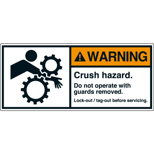 ANSI-Aufkleber: WARNING Crush hazard. Do not operate with guards removed. Lock-out / tag-out before servicing. ANSI-Aufkleber: WARNING Crush hazard. Do not operate with guards removed. Lock-out / tag-out before servicing.