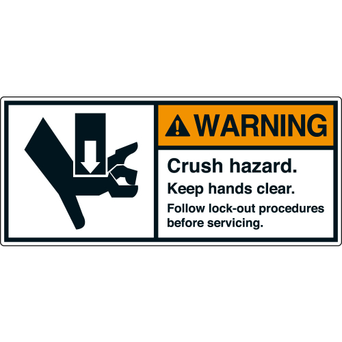 WARNING Crush hazard. Keep hands clear. Follow lock-out procedures before servicing. WARNING Crush hazard. Keep hands clear. Follow lock-out procedures before servicing.