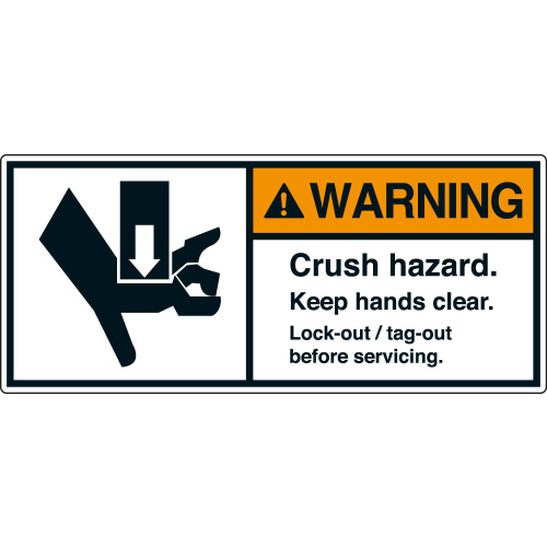 ANSI-Aufkleber: WARNING Crush hazard. Keep hands clear. Lock-out / tag-out before servicing. ANSI-Aufkleber: WARNING Crush hazard. Keep hands clear. Lock-out / tag-out before servicing.