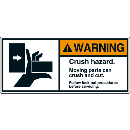 ANSI-Aufkleber: WARNING Crush hazard. Moving parts can crush and cut. Follow lock-out procedures before servicing. ANSI-Aufkleber: WARNING Crush hazard. Moving parts can crush and cut. Follow lock-out procedures before servicing.