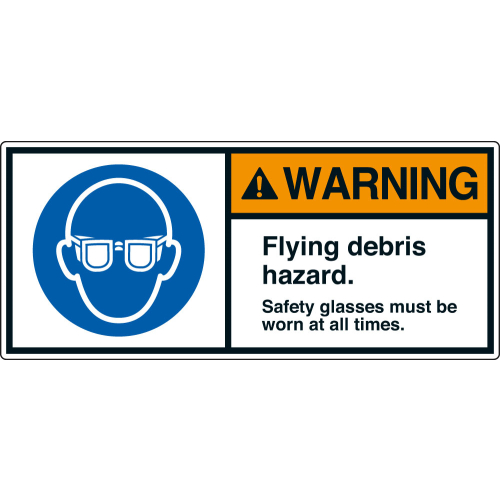 ANSI-Aufkleber: WARNING Flying debris hazard. Safety glasses must be worn at all times. ANSI-Aufkleber: WARNING Flying debris hazard. Safety glasses must be worn at all times.