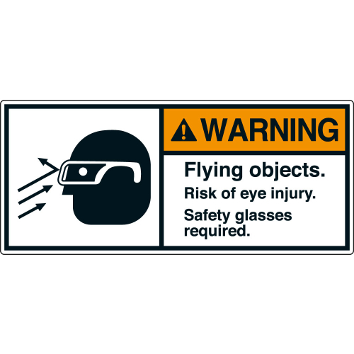 ANSI-Aufkleber: WARNING Flying objects. Risk of eye injury. Safety glasses required. ANSI-Aufkleber: WARNING Flying objects. Risk of eye injury. Safety glasses required.