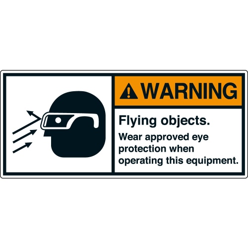 ANSI-Aufkleber: WARNING Flying objects. Wear approved eye protection when operating this equipment. ANSI-Aufkleber: WARNING Flying objects. Wear approved eye protection when operating this equipment.