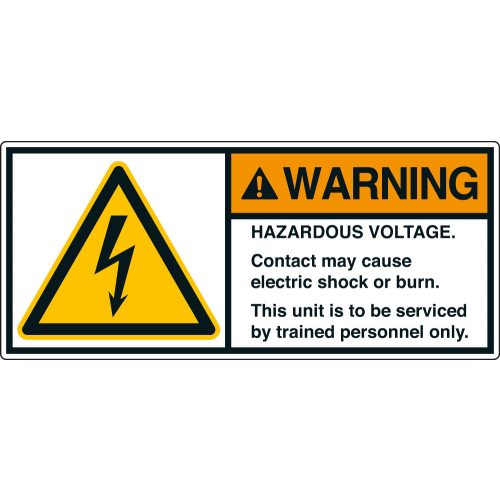 ANSI-Aufkleber: WARNING HAZARDOUS VOLTAGE. Contact may cause electric shock or burn. This unit is to be serviced by trained personnel only. ANSI-Aufkleber: WARNING HAZARDOUS VOLTAGE. Contact may cause electric shock or burn. This unit is to be serviced by trained personnel only.