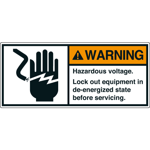 ANSI-Aufkleber: WARNING Hazardous voltage. Lock out equipment in de-energized state before servicing. ANSI-Aufkleber: WARNING Hazardous voltage. Lock out equipment in de-energized state before servicing.
