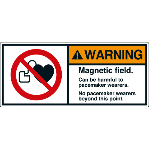 ANSI-Aufkleber: WARNING Magnetic field. Can be harmful to pacemaker wearers. No pacemaker wearers beyond this point. ANSI-Aufkleber: WARNING Magnetic field. Can be harmful to pacemaker wearers. No pacemaker wearers beyond this point.