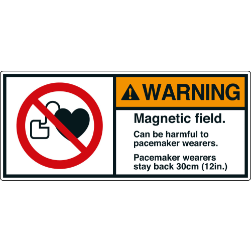 ANSI-Aufkleber: WARNING Magnetic field. Can be harmful to pacemaker wearers. Pacemaker wearers stay back 30cm (12in.) ANSI-Aufkleber: WARNING Magnetic field. Can be harmful to pacemaker wearers. Pacemaker wearers stay back 30cm (12in.)