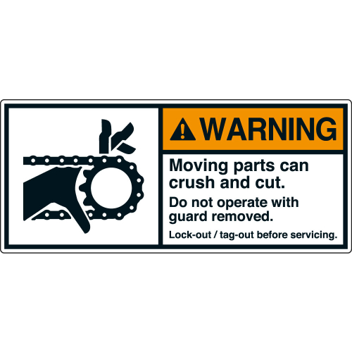 ANSI-Aufkleber: WARNING Moving parts can crush and cut. Do not operate with guard removed. Lock-out / tag-out before servicing. ANSI-Aufkleber: WARNING Moving parts can crush and cut. Do not operate with guard removed. Lock-out / tag-out before servicing.