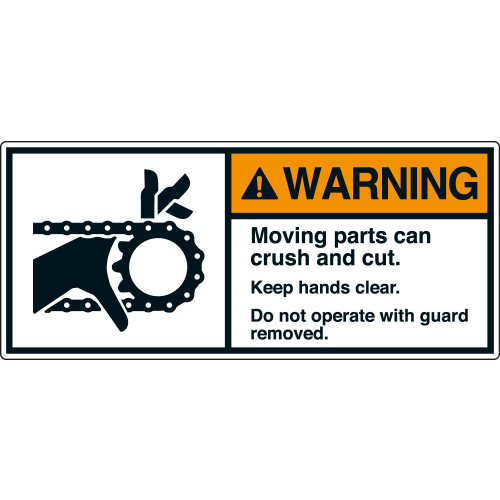 ANSI-Aufkleber: WARNING Moving parts can crush and cut. Keep hands clear. Do not operate with guard removed. ANSI-Aufkleber: WARNING Moving parts can crush and cut. Keep hands clear. Do not operate with guard removed.