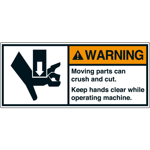 ANSI-Aufkleber: WARNING Moving parts can crush and cut. Keep hands clear while operating machine. ANSI-Aufkleber: WARNING Moving parts can crush and cut. Keep hands clear while operating machine.