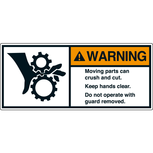ANSI-Aufkleber: WARNING Moving parts can crush and cut. Keep hands clear. Do not operate with guard removed. ANSI-Aufkleber: WARNING Moving parts can crush and cut. Keep hands clear. Do not operate with guard removed.