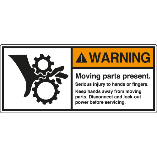 ANSI-Aufkleber: WARNING Moving parts present. Serious injury to hands or fingers. Keep hands away from moving parts. Disconnect and lock-out power before servicing. ANSI-Aufkleber: WARNING Moving parts present. Serious injury to hands or fingers. Keep hands away from moving parts. Disconnect and lock-out power before servicing.