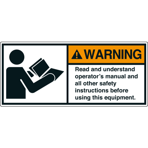 ANSI-Aufkleber: WARNING Read and understand operator’s manual and all other safety instructions before using this equipment. ANSI-Aufkleber: WARNING Read and understand operator’s manual and all other safety instructions before using this equipment.