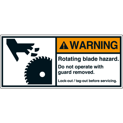 ANSI-Aufkleber: WARNING Rotating blade hazard. Do not operate with guard removed. Lock-out / tag-out before servicing. ANSI-Aufkleber: WARNING Rotating blade hazard. Do not operate with guard removed. Lock-out / tag-out before servicing.