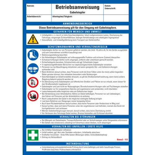 Aushang Betriebsanweisung Gabelstapler, blau-weiß