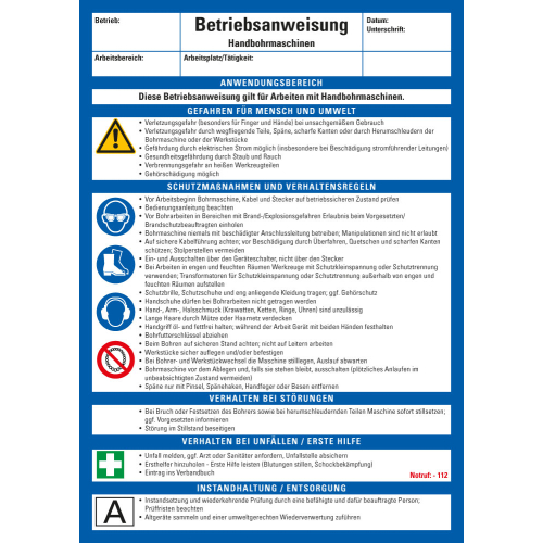 Aushang Betriebsanweisung Handbohrmaschinen, blau-weiß