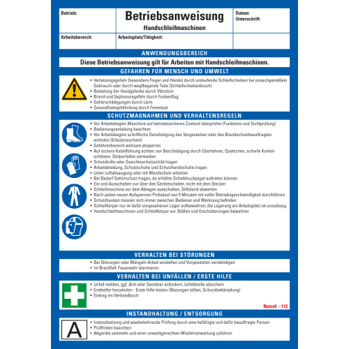 Aushang Betriebsanweisung Handschleifmaschinen, blau-weiß Aushang Betriebsanweisung Handschleifmaschinen, blau-weiß