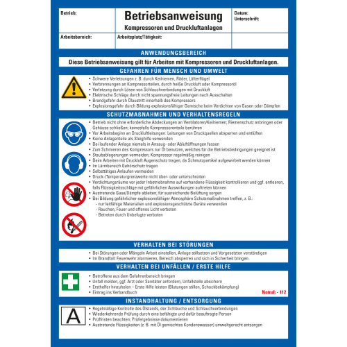 Aushang Betriebsanweisung Kompressoren und Druckluftanlagen, blau-weiß
