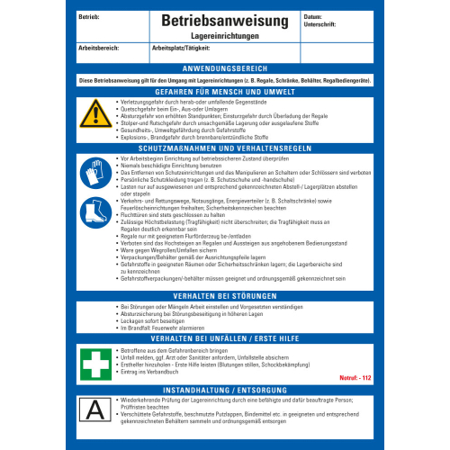 Aushang Betriebsanweisung Lagereinrichtungen, blau-weiß