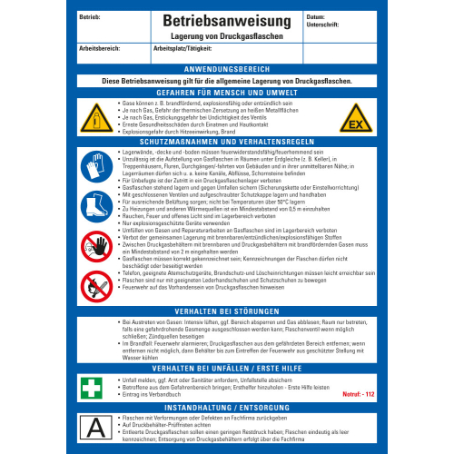 Aushang Betriebsanweisung Lagerung von Druckgasflaschen, blau-weiß Aushang Betriebsanweisung Lagerung von Druckgasflaschen, blau-weiß