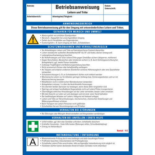 Aushang Betriebsanweisung Leitern und Tritte, blau-weiß Aushang Betriebsanweisung Leitern und Tritte, blau-weiß